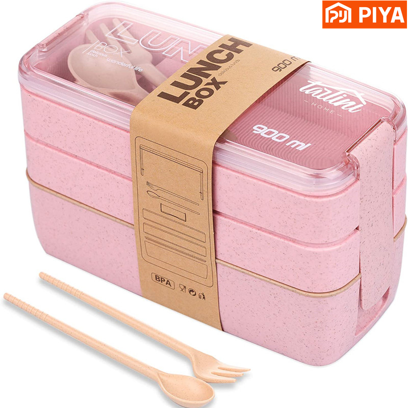 Snack Container Travel - 3-In-1 구획 밀짚 도시락 상자 재사용